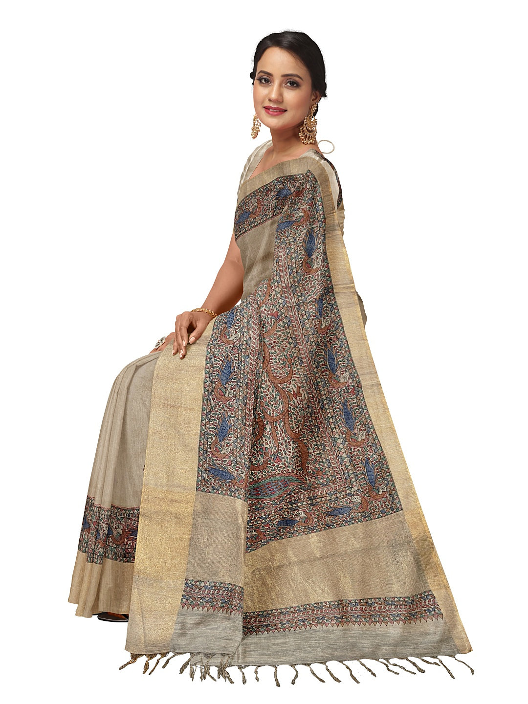 Radha Krishna under the Kadamb Tree – A Divine Melody on Tussar Ghicha Silk